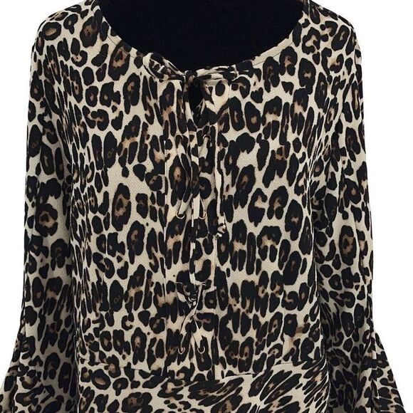 Chico's Womens Animal Print Bell Sleeve Lace-Up Peplum Blouse Black Tan Size 2 - Picture 2 of 10